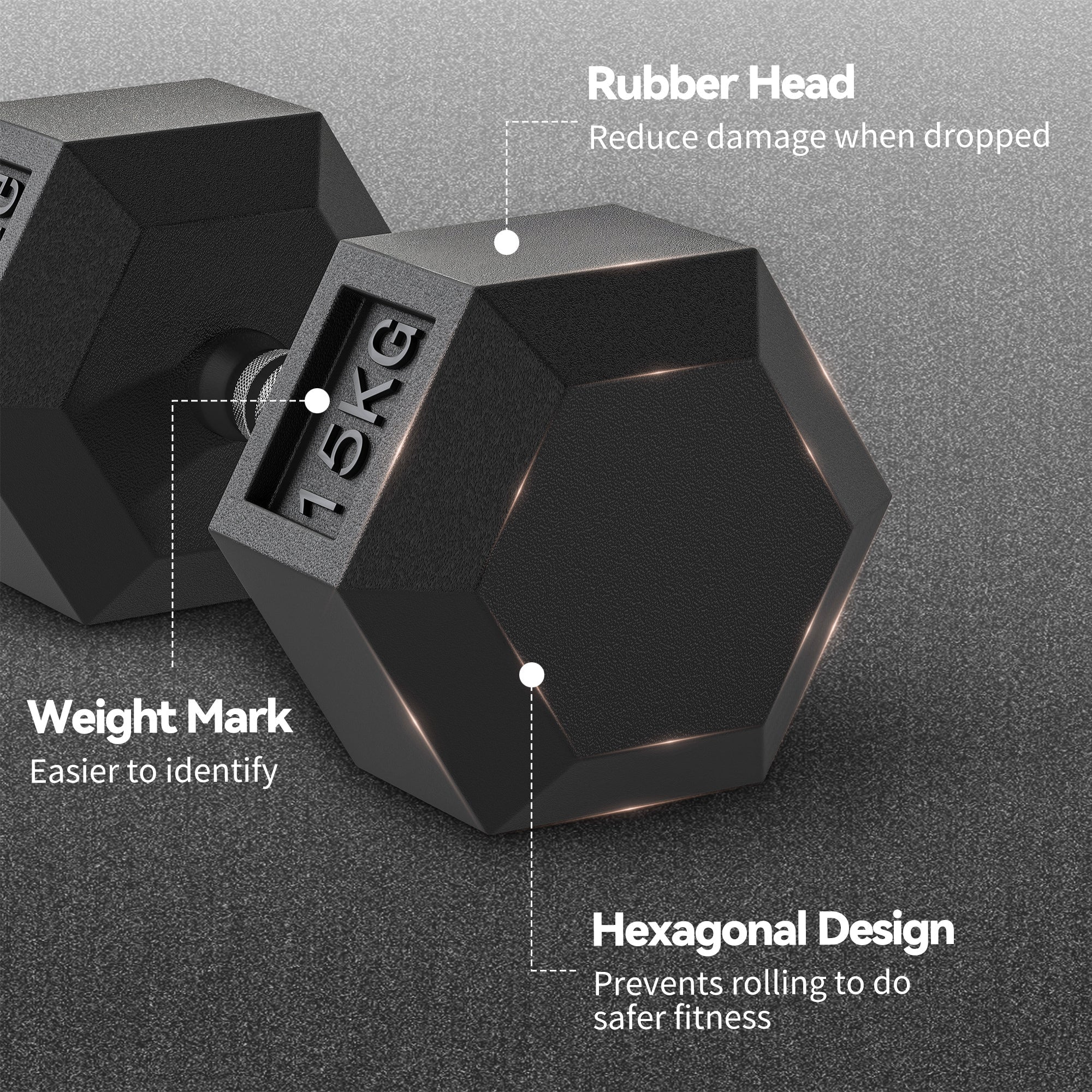 2x15KG Rubber Hex Dumbbell Portable Hand Weights Dumbbell Home Gym - My Store